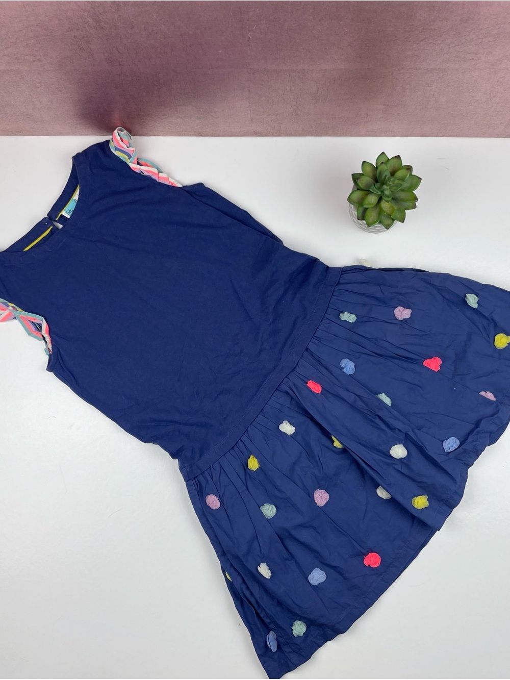 Mini Boden Navy Blue Colorful Polka Dot Tulle Yellow Pink Dress Girl Size 9-10